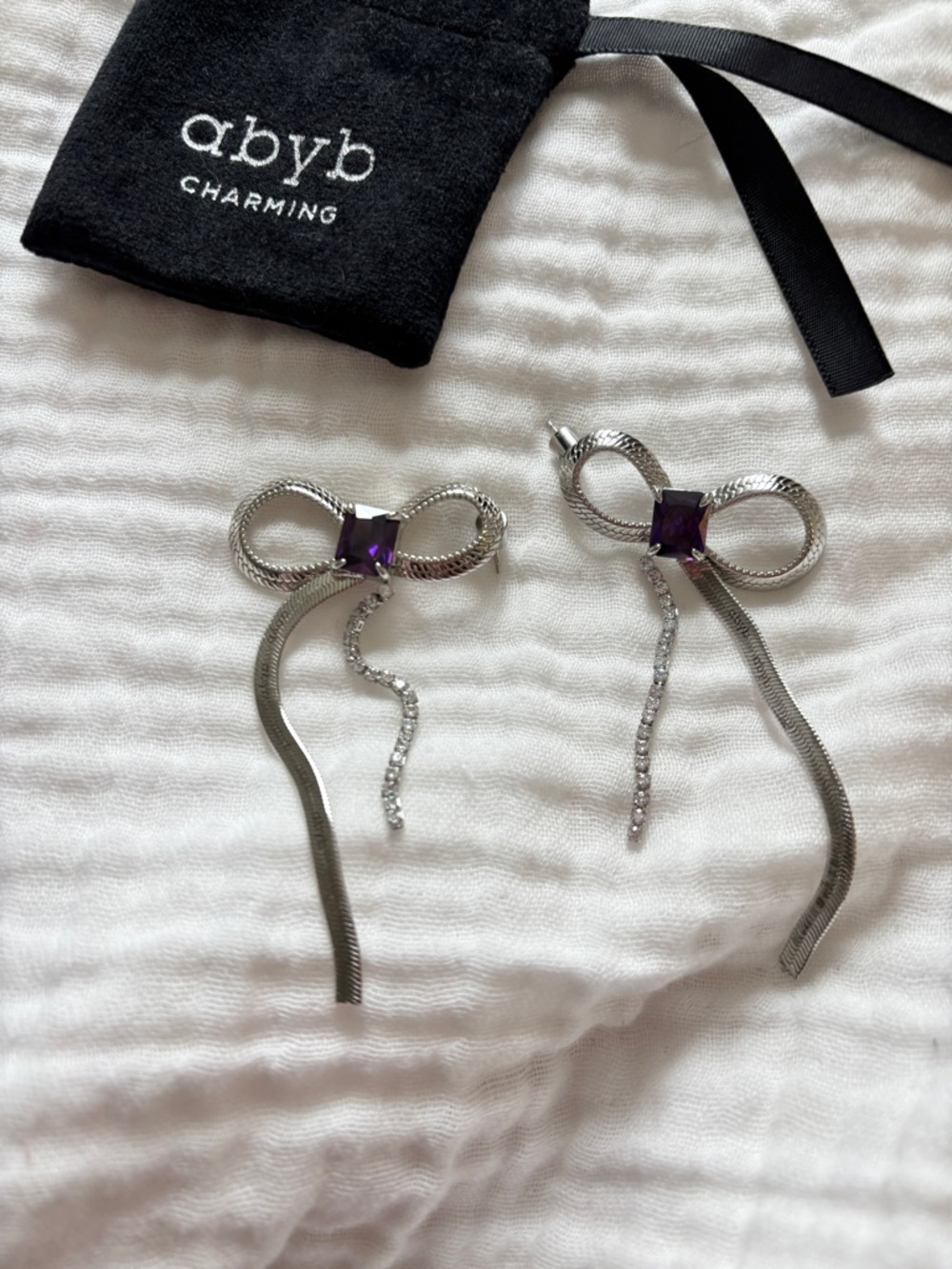 Sterling Silver 925 Ribbon Bow Drop Earrings with Purple Stones